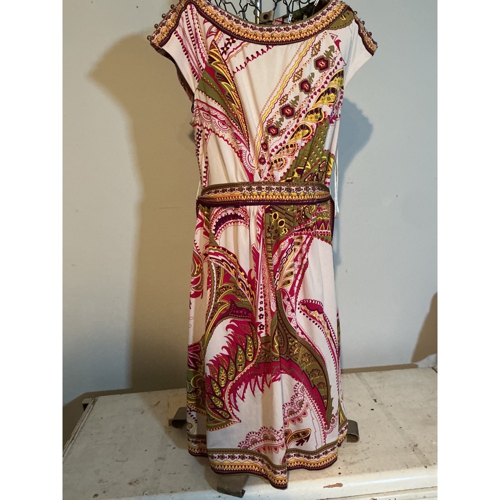Ice Paisley Print Studded Sheath‎ Dress Pink Green Gold Medium